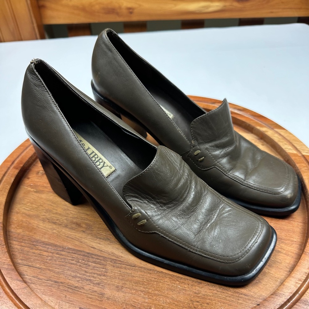 Sam & Libby Vintage Brown Leather Square Toe Block Heel Loafers Pumps 90s